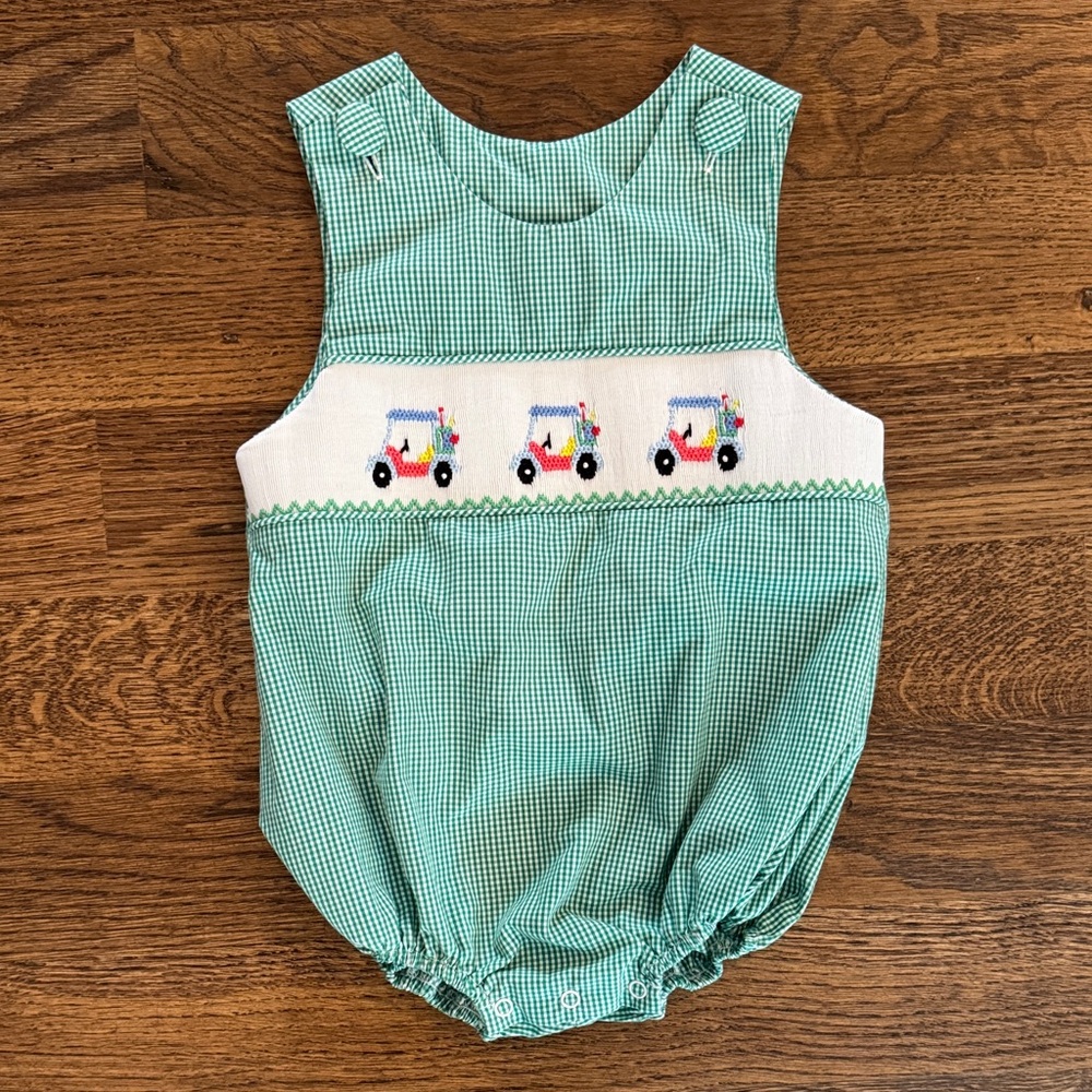 Stitchy Fish Green Gingham Smocked Baby Romper with Golf Cart Embroidery